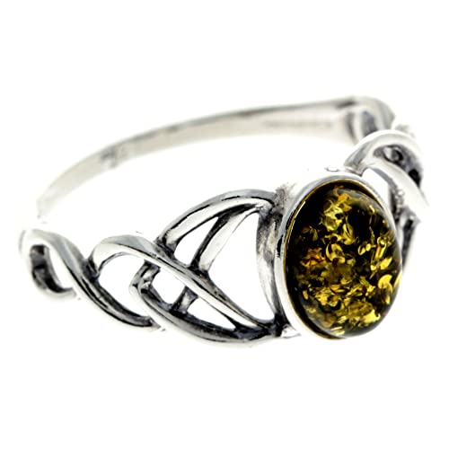 SilverAmber Jewellery - Anillo de plata de ley 925 y nudos celtas de ámbar báltico - 7482, V, Piedra preciosa., Ámbar Verde,