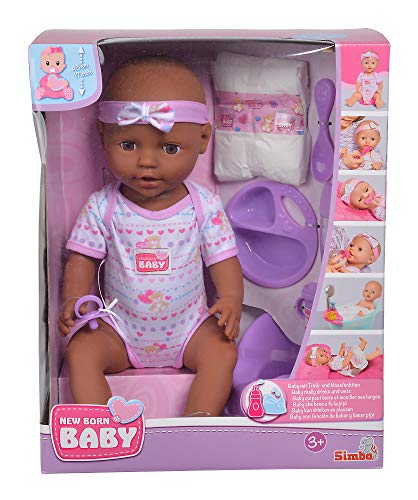 Simba 105030060 New Born - Muñeca bebé con Ojos Que se cierran, función de Beber y Hacer pipí, 8 Piezas, 43cm