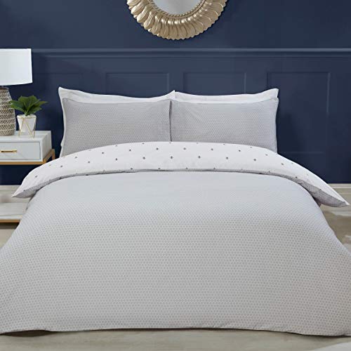 Sleepdown 5056242749882 Bumble Bee-Juego edredón y Fundas de Almohada (220 x 260 cm), diseño de abejorros, Color Blanco y Gris, Polialgodón, Matrimonio Grande