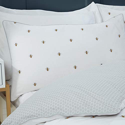 Sleepdown 5056242749882 Bumble Bee-Juego edredón y Fundas de Almohada (220 x 260 cm), diseño de abejorros, Color Blanco y Gris, Polialgodón, Matrimonio Grande