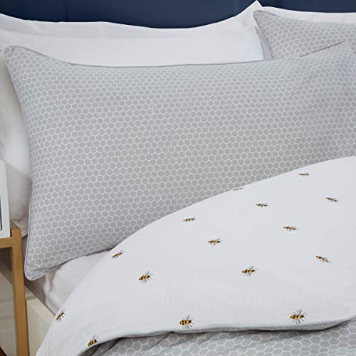 Sleepdown 5056242749882 Bumble Bee-Juego edredón y Fundas de Almohada (220 x 260 cm), diseño de abejorros, Color Blanco y Gris, Polialgodón, Matrimonio Grande