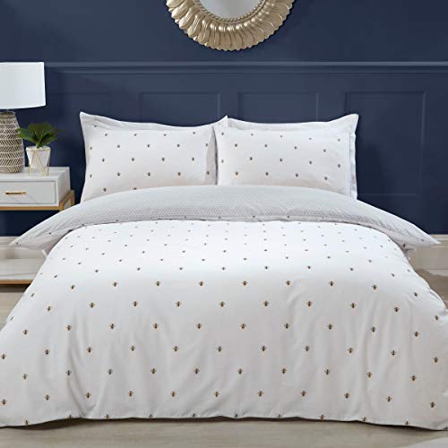 Sleepdown 5056242749882 Bumble Bee-Juego edredón y Fundas de Almohada (220 x 260 cm), diseño de abejorros, Color Blanco y Gris, Polialgodón, Matrimonio Grande