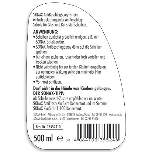 Sonax 03552410 Spray antivaho, protección antivaho para todos los cristales y cristales de plástico que proporciona una visión clara y completa, 500 ml