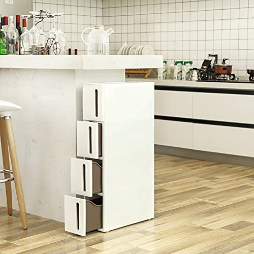 SONGMICS Cajonera Estrecha, Carrito Estrecho, Organizador Estrecho con 4 cajones, Deslizable con Ruedas extraíbles, Almacenaje baño, PP, Ahorro Espacio, 45 x 17 x 84 cm, Blanco y Marrón KFR08WT