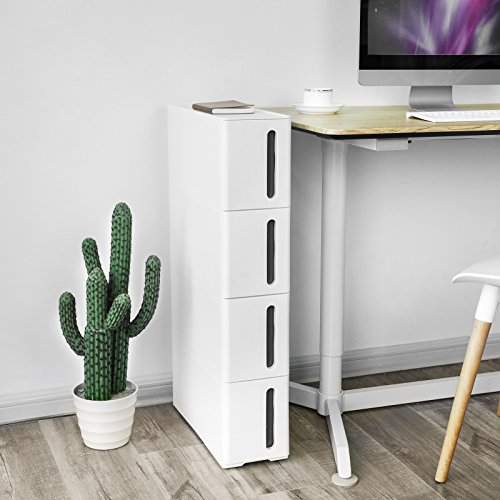 SONGMICS Cajonera Estrecha, Carrito Estrecho, Organizador Estrecho con 4 cajones, Deslizable con Ruedas extraíbles, Almacenaje baño, PP, Ahorro Espacio, 45 x 17 x 84 cm, Blanco y Marrón KFR08WT