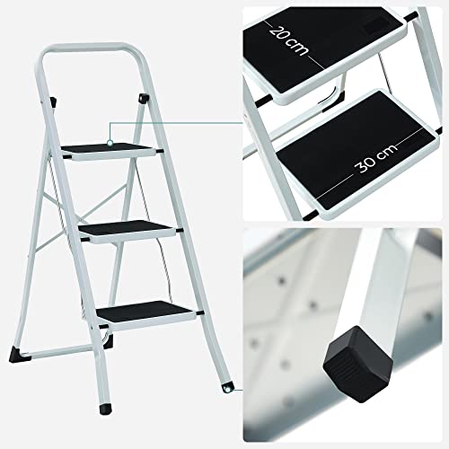 SONGMICS Escalera de 3 Peldaños, Escalera Plegable, Anchura del Peldaño 20 cm, Goma Antideslizante, con Asa, Carga de 150 kg, Acero, Certificado TÜV GS, Blanco y Negro GSL03WT