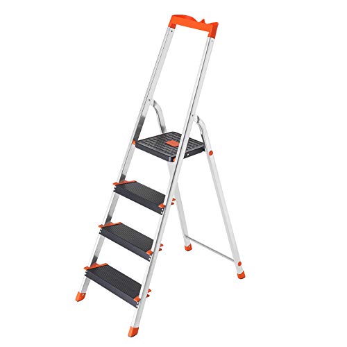 SONGMICS Escalera de 4 Peldaños, Escalera de Aluminio con Peldaños de 12 cm de Ancho, Escalera Plegable con Bandeja y Pies Antideslizantes, Carga de 150 kg, TÜV Rheinland Test, GS EN131, Negro GLT04BK