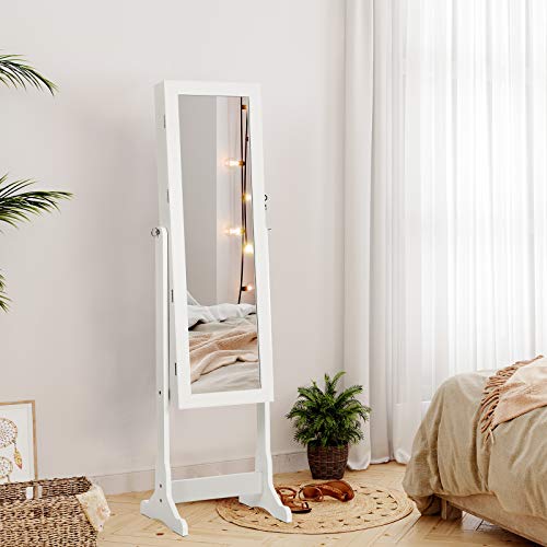 SONGMICS Espejo Joyero, Armario Joyero, con LED, Armario de Pie con Espejo para Joyas, de Madera, Cerradura, Iluminación JBC94W