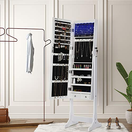 SONGMICS Espejo Joyero, Armario Joyero, con LED, Armario de Pie con Espejo para Joyas, de Madera, Cerradura, Iluminación JBC94W