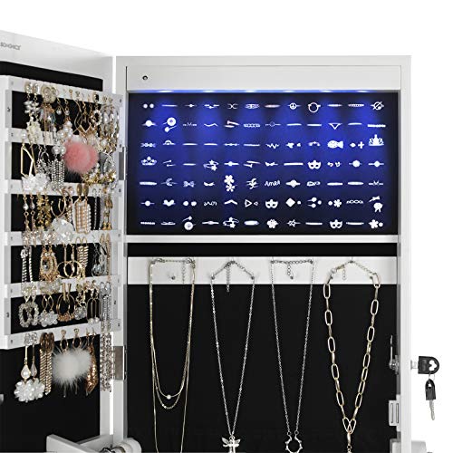 SONGMICS Espejo Joyero, Armario Joyero, con LED, Armario de Pie con Espejo para Joyas, de Madera, Cerradura, Iluminación JBC94W