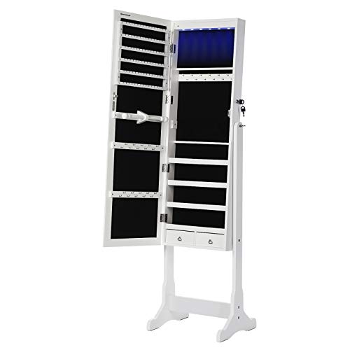 SONGMICS Espejo Joyero, Armario Joyero, con LED, Armario de Pie con Espejo para Joyas, de Madera, Cerradura, Iluminación JBC94W