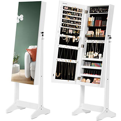 SONGMICS Espejo Joyero, Armario para Joyas de Pie, Armario Joyero con 2 Organizadores de Cosméticos, Espejo sin Marco, con Cerradura y Llaves, para Pedientes, Collares, Blanco, Navidad, JJC002W01