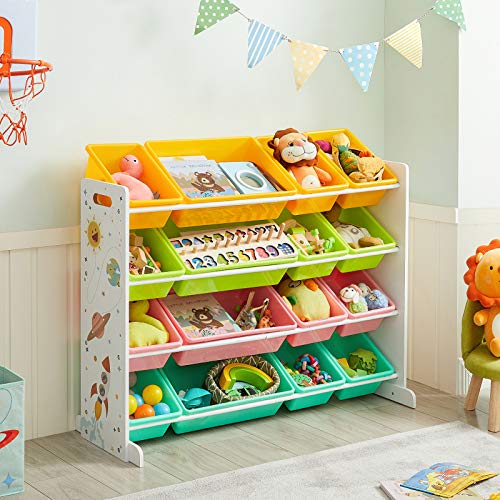SONGMICS Estantería de Juguetes, Armario Infantil con 16 Cajas de Plástico Extraíbles, Cajas de Juguetes, para Sala de Juegos, Escuela, Amarillo, Lima, Rosa, Verde Menta, Navidad, GKR070W01