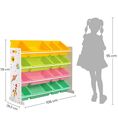 SONGMICS Estantería de Juguetes, Armario Infantil con 16 Cajas de Plástico Extraíbles, Cajas de Juguetes, para Sala de Juegos, Escuela, Amarillo, Lima, Rosa, Verde Menta, Navidad, GKR070W01