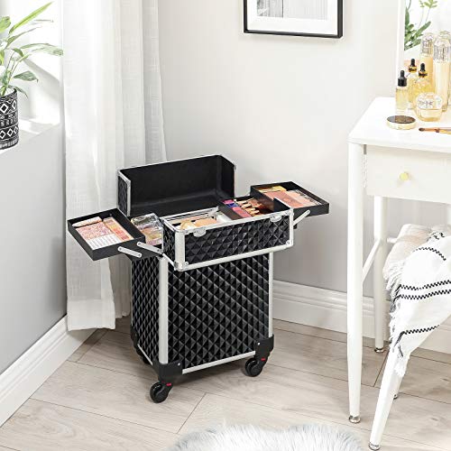 SONGMICS Maleta para Maquillaje Profesional, Maletín para Maquillaje, con 4 Ruedas del Tipo Multidireccional, con 4 Bandejas, para Viaje Trabajo, Negro, Navidad, JHZ013B01
