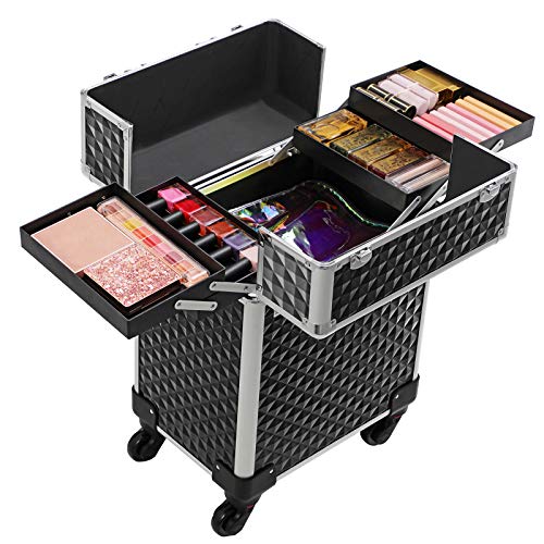 SONGMICS Maleta para Maquillaje Profesional, Maletín para Maquillaje, con 4 Ruedas del Tipo Multidireccional, con 4 Bandejas, para Viaje Trabajo, Negro, Navidad, JHZ013B01