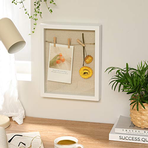 SONGMICS Marco de Fotos 3D, con Pinzas, y Alfileres de Palo, para Bricolaje, Reverso de Tela de Lino, Frente de Vidrio, y Borde de MDF, Blanco RPF007W01