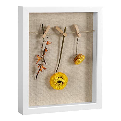 SONGMICS Marco de Fotos 3D, con Pinzas, y Alfileres de Palo, para Bricolaje, Reverso de Tela de Lino, Frente de Vidrio, y Borde de MDF, Blanco RPF007W01