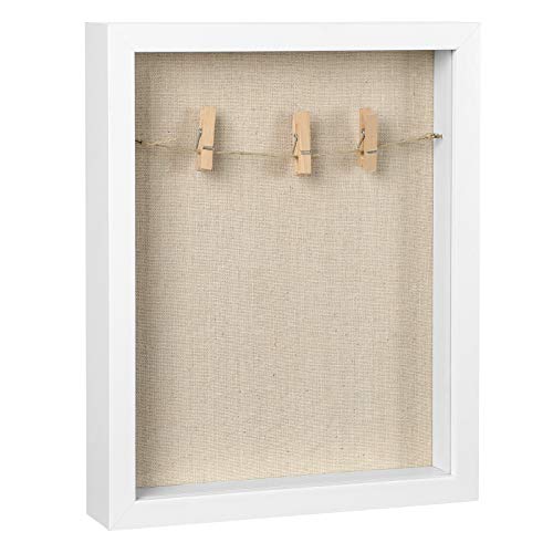SONGMICS Marco de Fotos 3D, con Pinzas, y Alfileres de Palo, para Bricolaje, Reverso de Tela de Lino, Frente de Vidrio, y Borde de MDF, Blanco RPF007W01