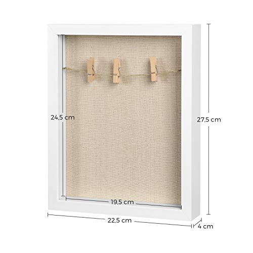 SONGMICS Marco de Fotos 3D, con Pinzas, y Alfileres de Palo, para Bricolaje, Reverso de Tela de Lino, Frente de Vidrio, y Borde de MDF, Blanco RPF007W01