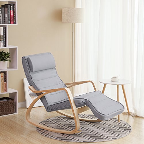 SONGMICS Mecedora, Sillón Tumbona, Madera de Abedul, con Reposapiés Ajustable, Funda Desmontable y Lavable, Capacidad de Carga de 150 kg, 67 x 125 x 91 cm, Gris LYY42G