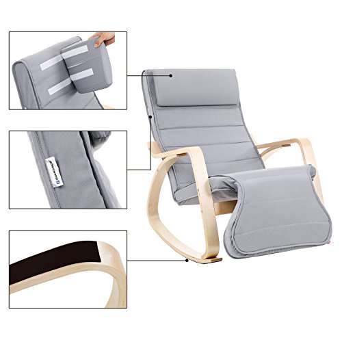 SONGMICS Mecedora, Sillón Tumbona, Madera de Abedul, con Reposapiés Ajustable, Funda Desmontable y Lavable, Capacidad de Carga de 150 kg, 67 x 125 x 91 cm, Gris LYY42G