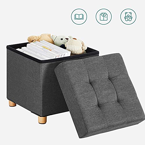 SONGMICS Puff Almancenaje, Banco Almacenaje, Banco Plegable, Pies de Madera, 32 L de Capacidad, Soporta hasta 300 kg, Dormitorio, Entrada, Gris Oscuro LSF14GYZ