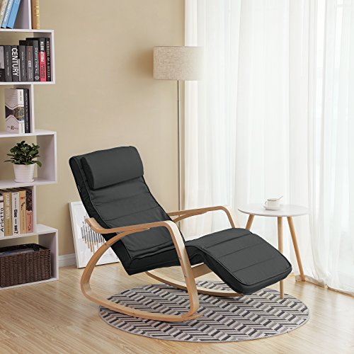 SONGMICS Silla Mecedora con Apoyabrazos de Madera de Abedul, Silla Mecedora con Reposapiés Ajustable en 5 Posiciones, Capacidad de Carga Máxima 150 kg, Dormitorio, Salón, Gris Oscuro LYY10G