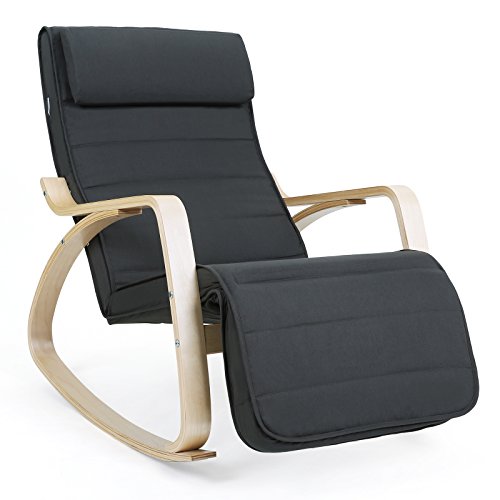 SONGMICS Silla Mecedora con Apoyabrazos de Madera de Abedul, Silla Mecedora con Reposapiés Ajustable en 5 Posiciones, Capacidad de Carga Máxima 150 kg, Dormitorio, Salón, Gris Oscuro LYY10G