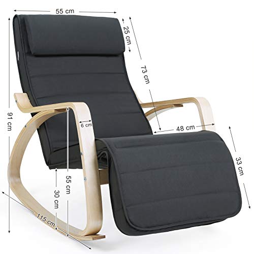 SONGMICS Silla Mecedora con Apoyabrazos de Madera de Abedul, Silla Mecedora con Reposapiés Ajustable en 5 Posiciones, Capacidad de Carga Máxima 150 kg, Dormitorio, Salón, Gris Oscuro LYY10G