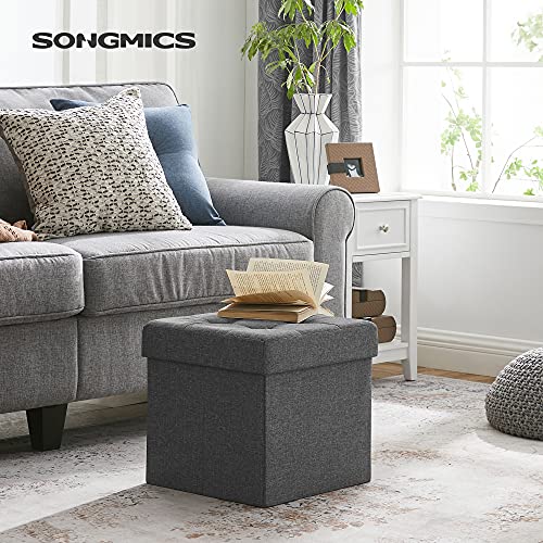 SONGMICS Taburete con Espacio de Almacenamiento, Cubo con Tapa, Cofre, Caja de Almacenamiento, Plegable, Carga Estática Máx. 300 kg, 40 L, 38 x 38 x 38 cm, Imitación Lino, Gris Oscuro LSF27Z