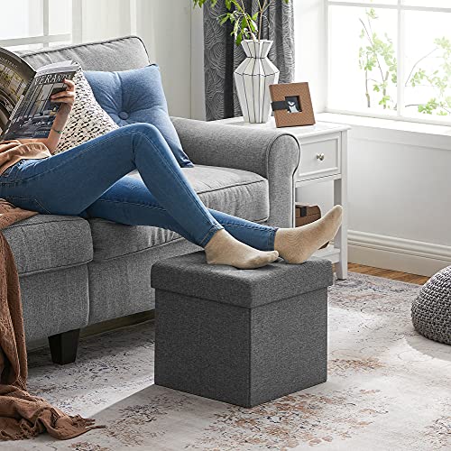 SONGMICS Taburete con Espacio de Almacenamiento, Cubo con Tapa, Cofre, Caja de Almacenamiento, Plegable, Carga Estática Máx. 300 kg, 40 L, 38 x 38 x 38 cm, Imitación Lino, Gris Oscuro LSF27Z