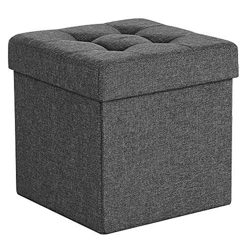 SONGMICS Taburete con Espacio de Almacenamiento, Cubo con Tapa, Cofre, Caja de Almacenamiento, Plegable, Carga Estática Máx. 300 kg, 40 L, 38 x 38 x 38 cm, Imitación Lino, Gris Oscuro LSF27Z