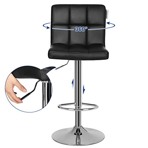 SONGMICS Taburete de Bar Juego de 2, Sillas de Bar Regulables en Altura en Piel Sintética, Taburete de cocina Giratorio en 360° con Respaldo y Reposapiés, Acero Cromado, Negro LJB64B