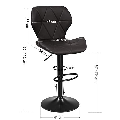 SONGMICS Taburete de Bar, Juego de 2, Sillas de Cocina con Marco de Metal Estable y Cubierta de Cuero Sintético, Reposapiés, Altura de Asiento Ajustable, Fácil de Montar, Vintage, Antracita