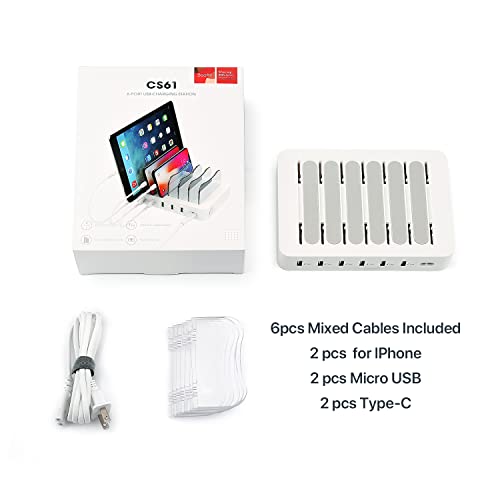 SooPii Estación de Carga, Base de Carga de 6 Puertos con Interruptor para tabletas, lPhone, Android, Samsung, LG, Huawei, Xiaomi, 6 Cables de Carga incluidos……