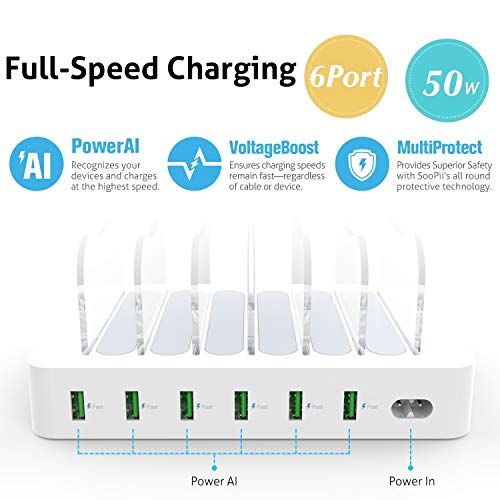 SooPii Estación de Carga, Base de Carga de 6 Puertos con Interruptor para tabletas, lPhone, Android, Samsung, LG, Huawei, Xiaomi, 6 Cables de Carga incluidos……
