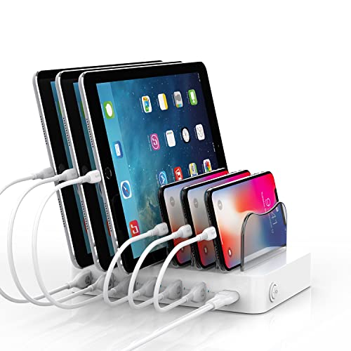SooPii Estación de Carga, Base de Carga de 6 Puertos con Interruptor para tabletas, lPhone, Android, Samsung, LG, Huawei, Xiaomi, 6 Cables de Carga incluidos……