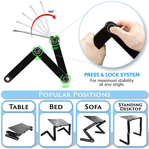 Soporte portátil ajustable para computadora portátil, mesa de escritorio, elevador vertical plegable para sofá, sofá, piso, altura alta, laptray para juegos con alfombrilla de ratón, color negro