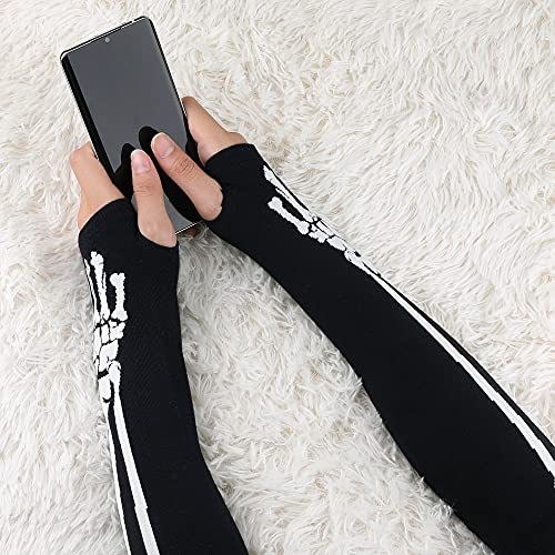 sourcing map Guantes Sin Dedos Brazo Largo Negro Para Mujeres Tejer Patrón Óseo Con Orificio Para Pulgar Invierno