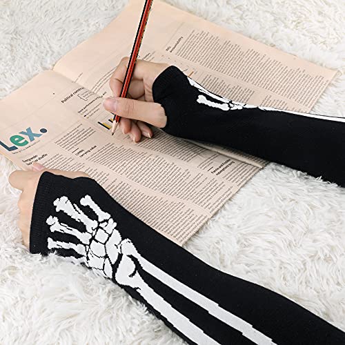 sourcing map Guantes Sin Dedos Brazo Largo Negro Para Mujeres Tejer Patrón Óseo Con Orificio Para Pulgar Invierno