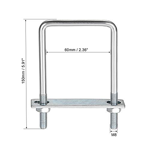 sourcing map Pernos cuadrados en forma de U de 60 mm de ancho interior de 150 mm de altura de acero al carbono M8 con tuercas, placa de marco, arandelas redondas