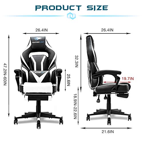 SOUTHERN WOLF Silla Gaming, Silla Gamer con Soporte Lumbar y reposapiés retráctil, Silla de Oficina para Video Juegos Respaldo Alto Asiento de Carreras, Blanco, Talla Única, SW1
