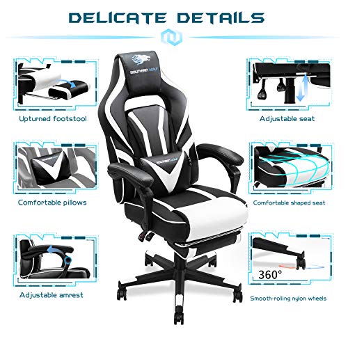 SOUTHERN WOLF Silla Gaming, Silla Gamer con Soporte Lumbar y reposapiés retráctil, Silla de Oficina para Video Juegos Respaldo Alto Asiento de Carreras, Blanco, Talla Única, SW1