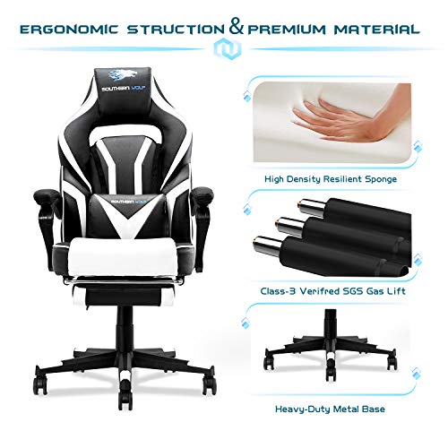 SOUTHERN WOLF Silla Gaming, Silla Gamer con Soporte Lumbar y reposapiés retráctil, Silla de Oficina para Video Juegos Respaldo Alto Asiento de Carreras, Blanco, Talla Única, SW1