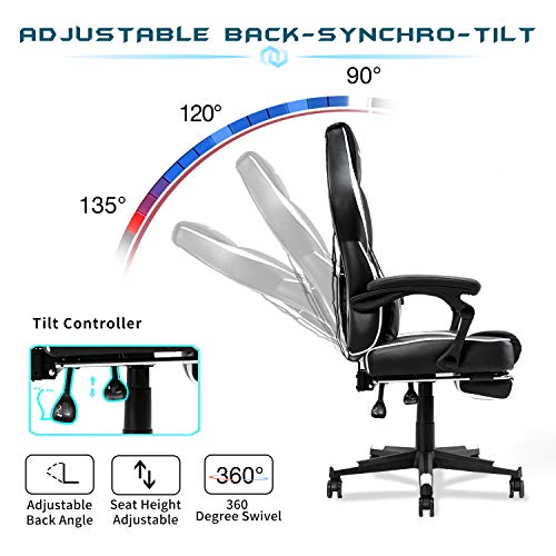 SOUTHERN WOLF Silla Gaming, Silla Gamer con Soporte Lumbar y reposapiés retráctil, Silla de Oficina para Video Juegos Respaldo Alto Asiento de Carreras, Blanco, Talla Única, SW1