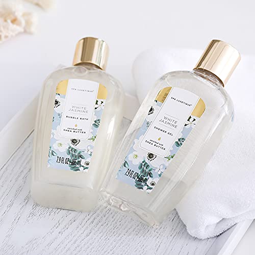 Spa Luxetique Cesta de Regalo para Mujer, Set de Baño y Ducha para Hogar a Jazmín Blanco, Set de Spa con 8 Piezas, Incluye Sales de Baño, Aceite Esencial, Regalos Originales para Mujer