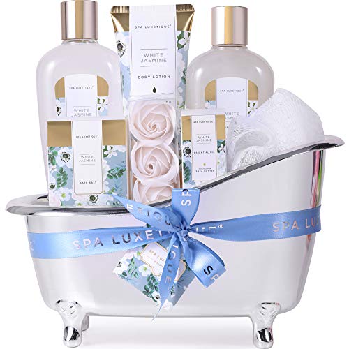 Spa Luxetique Cesta de Regalo para Mujer, Set de Baño y Ducha para Hogar a Jazmín Blanco, Set de Spa con 8 Piezas, Incluye Sales de Baño, Aceite Esencial, Regalos Originales para Mujer