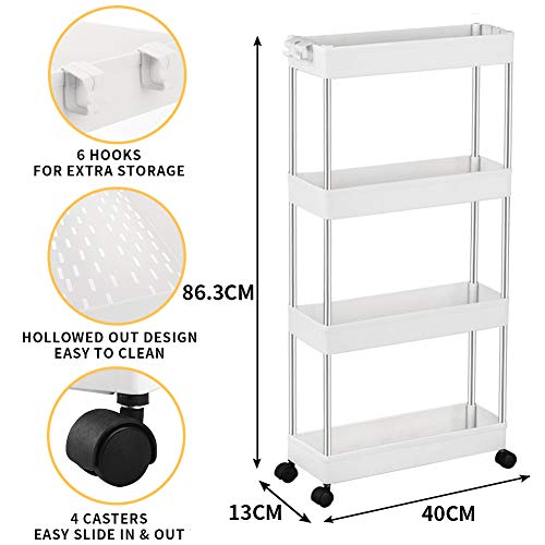 SPACEKEEPER Carro de Almacenamiento de 4 Niveles, Delgado, móvil, estantería, Carro Deslizante, Multiusos, para Cocina, Dormitorio, baño, lavadero, Lugares Estrechos, Blanco