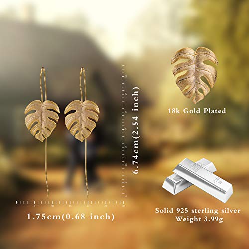 Springlight Pendientes colgantes de plata esterlina S925 Pendientes colgantes de hojas de Monstera para mujeres y niñas, regalo de joyería único hecho a mano(Gold)